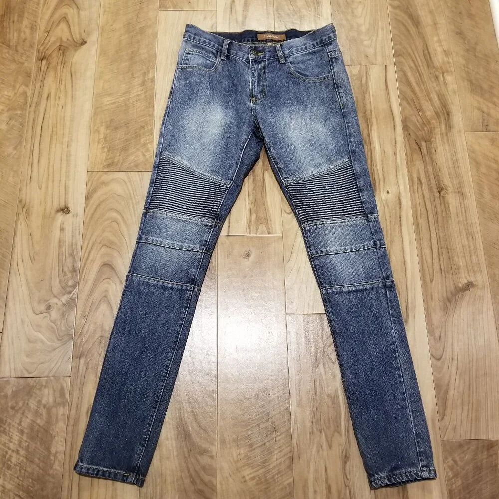 Crysp Denim Men Moto Biker Jeans Size 30 Blue Cotton Ribbed Pleated Panel Slim
